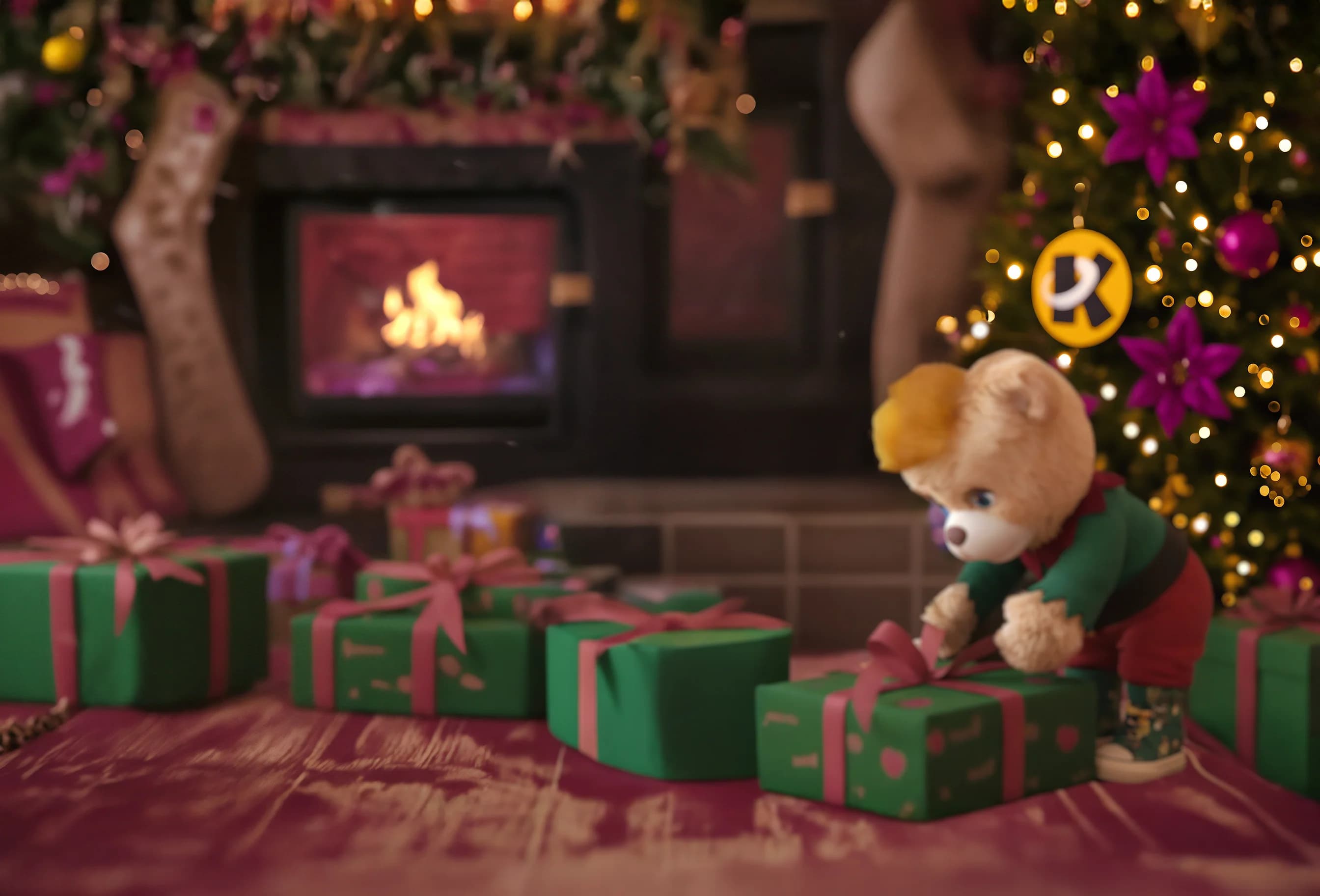 Une scène de Noël chaleureuse et douillette. Un ours en peluche déguisé en elfe examine des cadeaux verts et rouges devant une cheminée et un sapin de Noël illuminé.